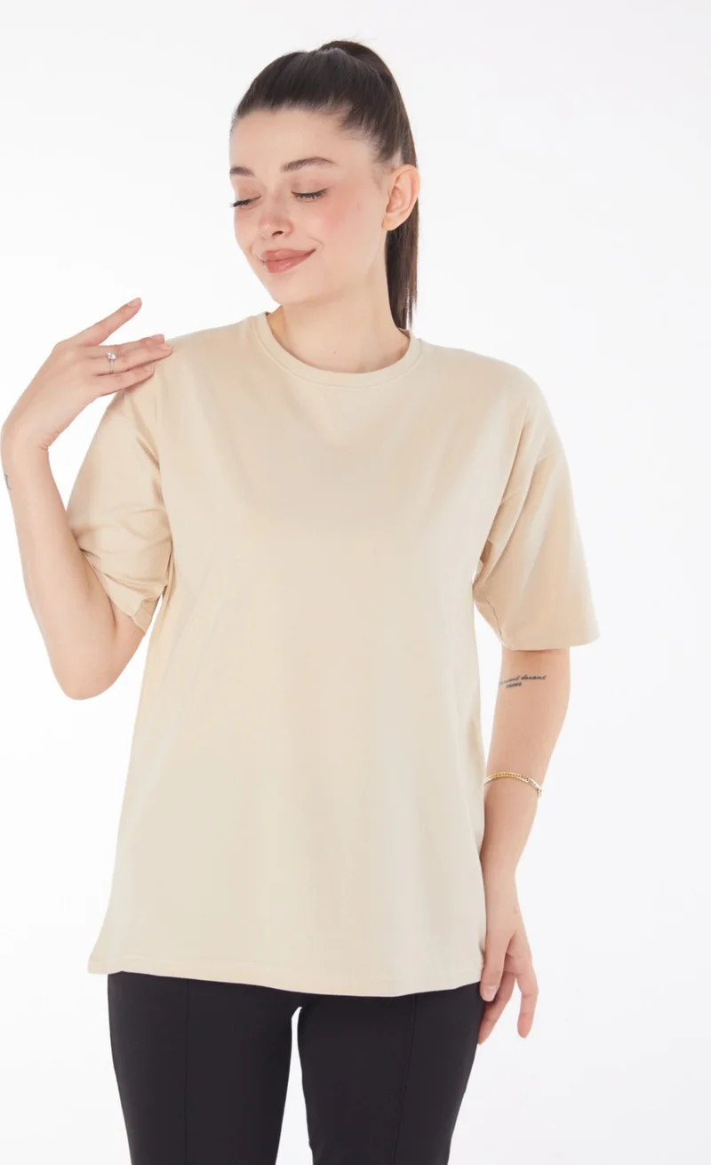 Tofisa Plain Crew Neck Women's Beige T-Shirt - 25849