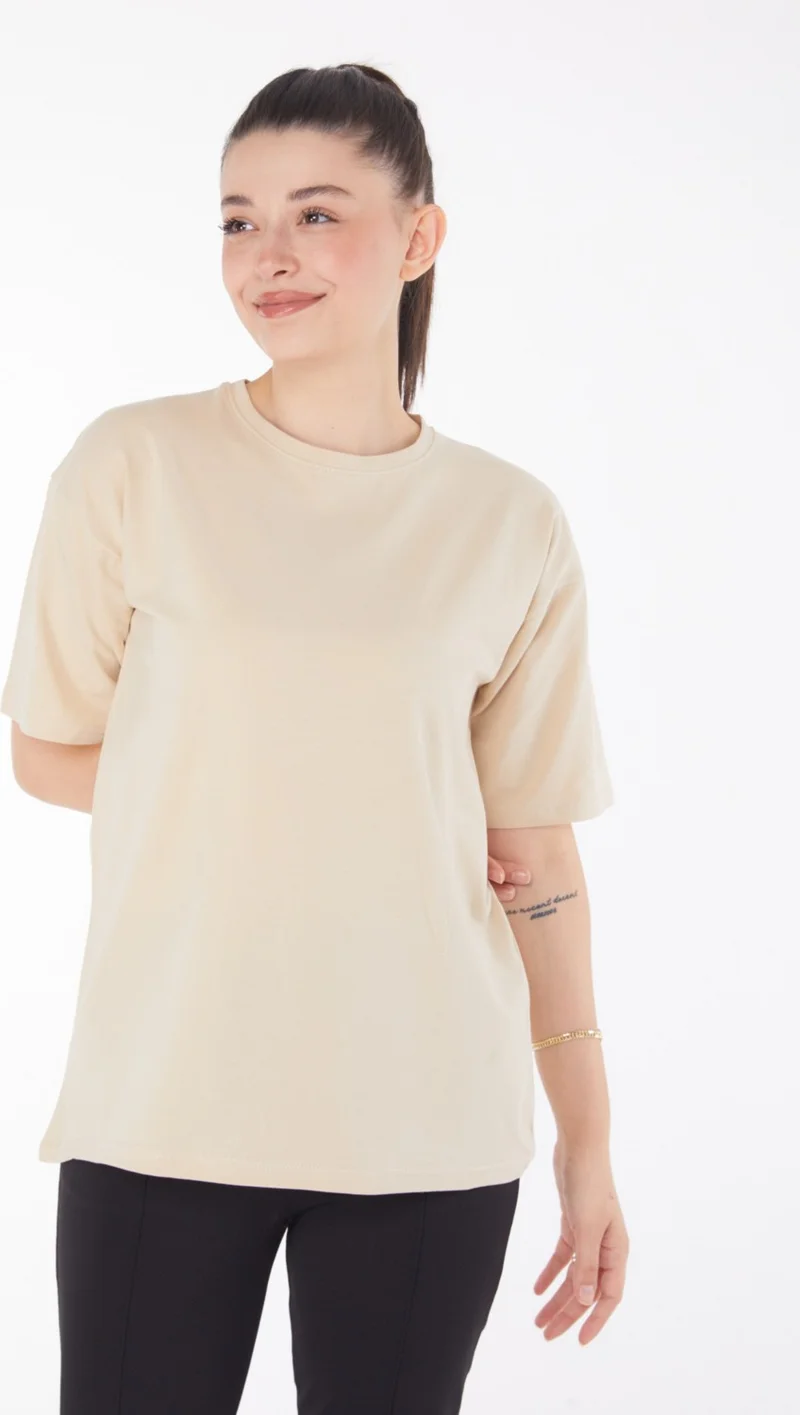 Tofisa Plain Crew Neck Women's Beige T-Shirt - 25849