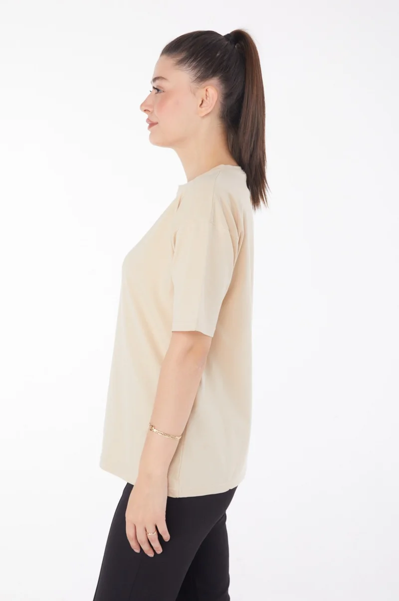 Tofisa Plain Crew Neck Women's Beige T-Shirt - 25849