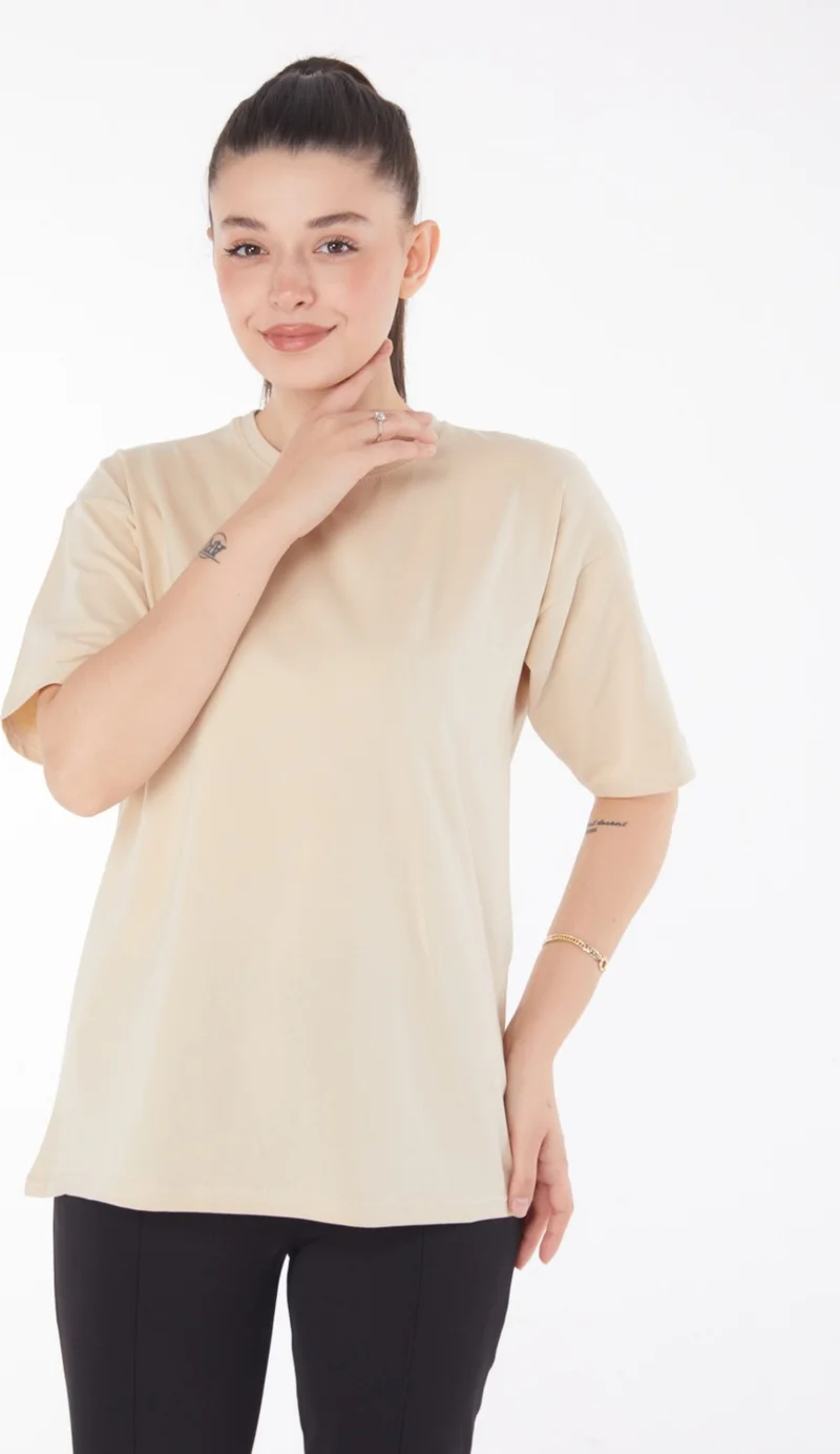 Tofisa Plain Crew Neck Women's Beige T-Shirt - 25849
