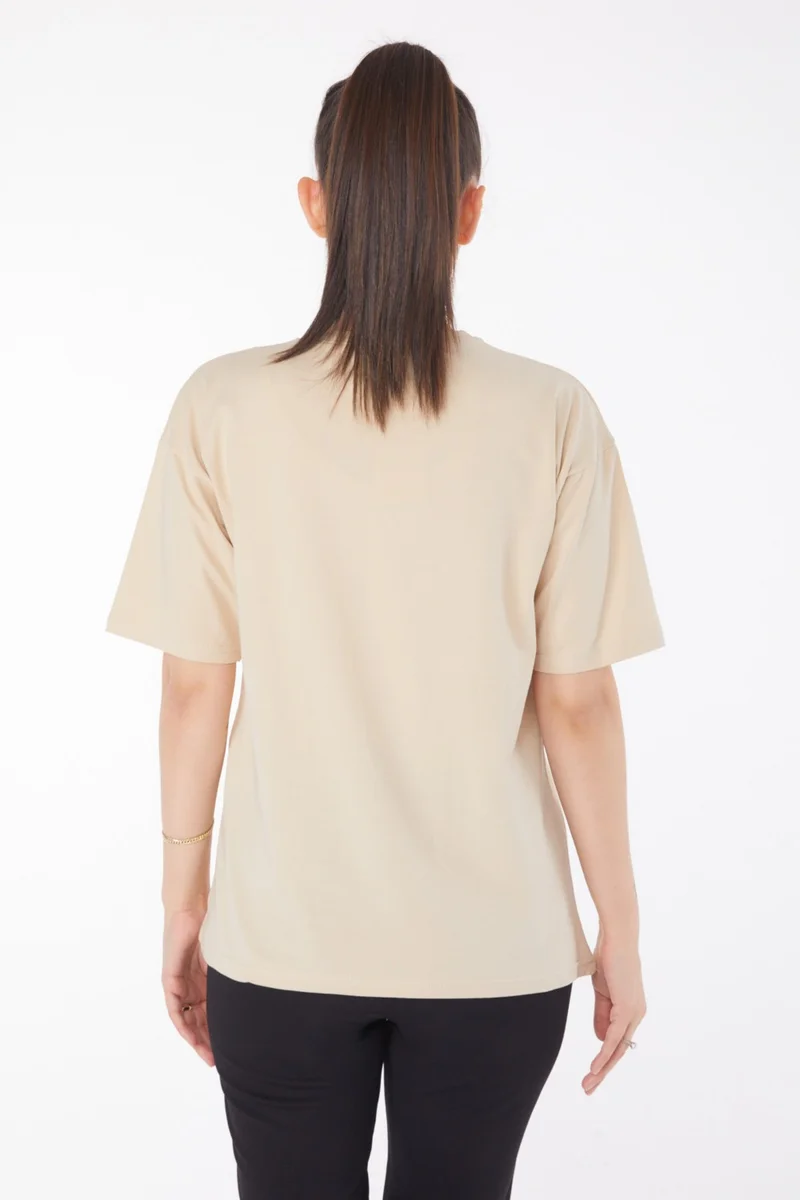 Tofisa Plain Crew Neck Women's Beige T-Shirt - 25849