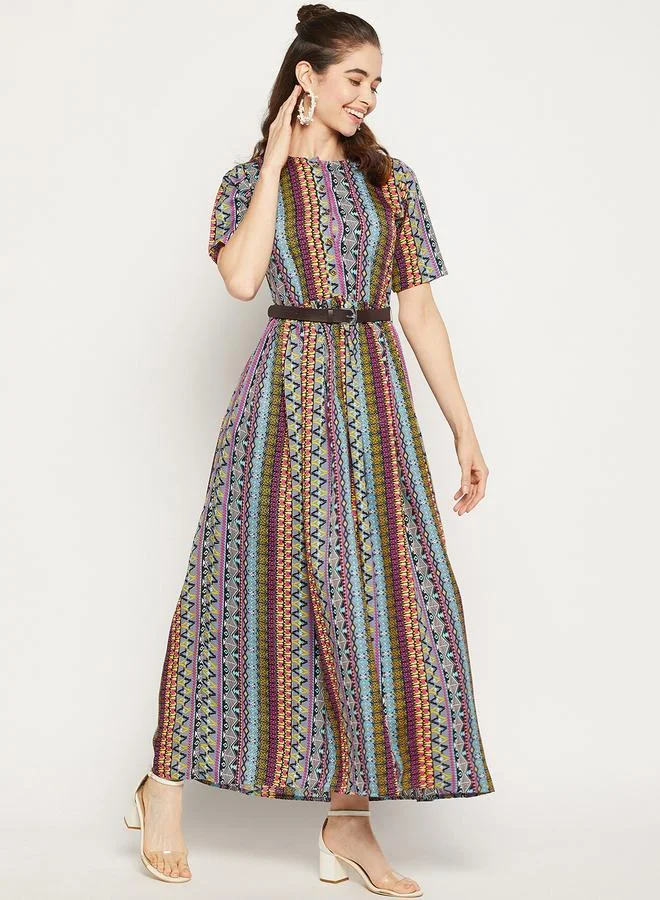 Uptownie  All Over Print Maxi Dress with Belt for Women | Best Price UAE