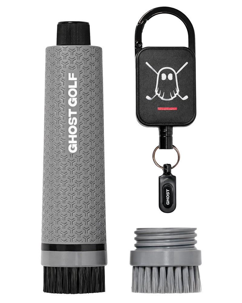 Ghost Golf Magnetic Golf Club Brush with Water Reservoir & Shoe Brush - Dual Head Groove Cleaner, Nylon Bristle, Retractable Carabiner Clip - Golf Cleaning Tool for Irons, Wedges & Golf Shoe Cleats - Image 1