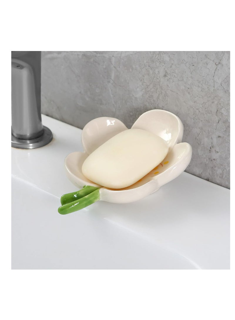 Bathroom Self Draining Soap Dish, Soap Holder, Countertop Ceramic Soap Tray, Flower Shape Shower Soap Container, Cute Soap Dish for Kitchen, Bathroom, Bedroom, Peach Blossom (White) - Image 3