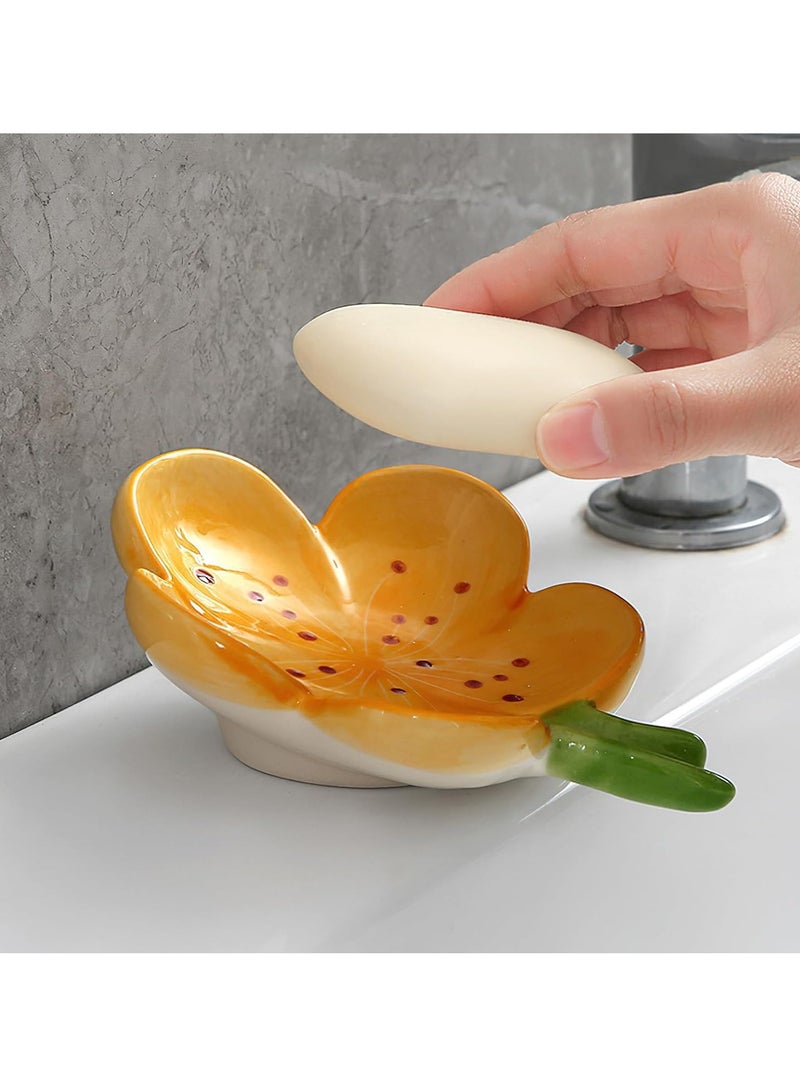Bathroom Self Draining Soap Dish, Soap Holder, Countertop Ceramic Soap Tray, Flower Shape Shower Soap Container, Cute Soap Dish for Kitchen, Bathroom, Bedroom, Peach Blossom (White) - Image 5
