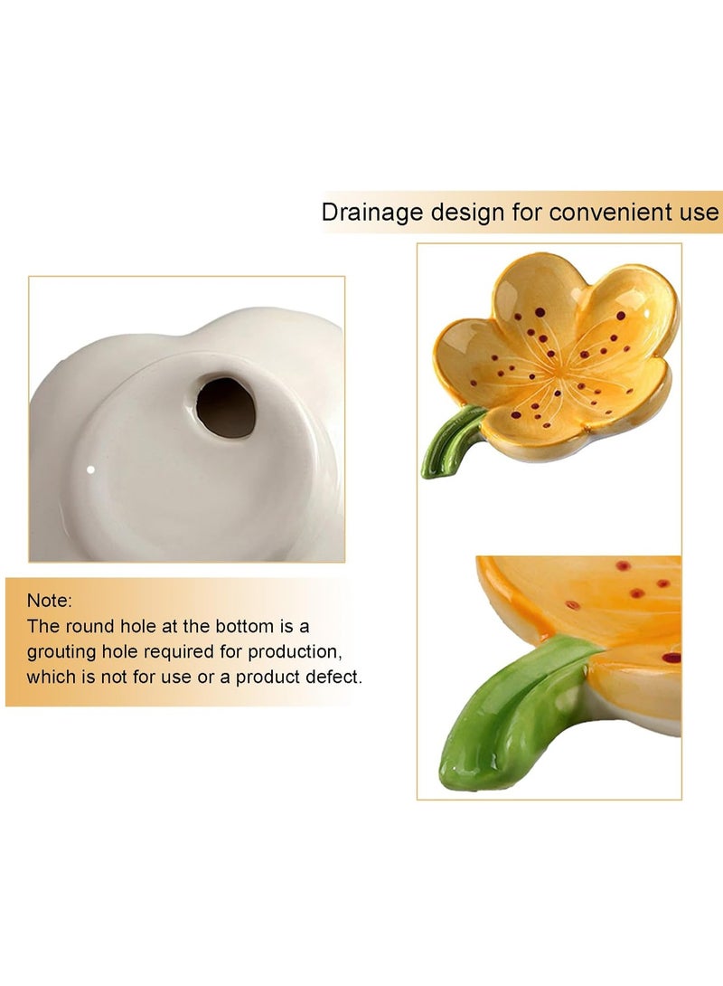 Bathroom Self Draining Soap Dish, Soap Holder, Countertop Ceramic Soap Tray, Flower Shape Shower Soap Container, Cute Soap Dish for Kitchen, Bathroom, Bedroom, Peach Blossom (White) - Image 2