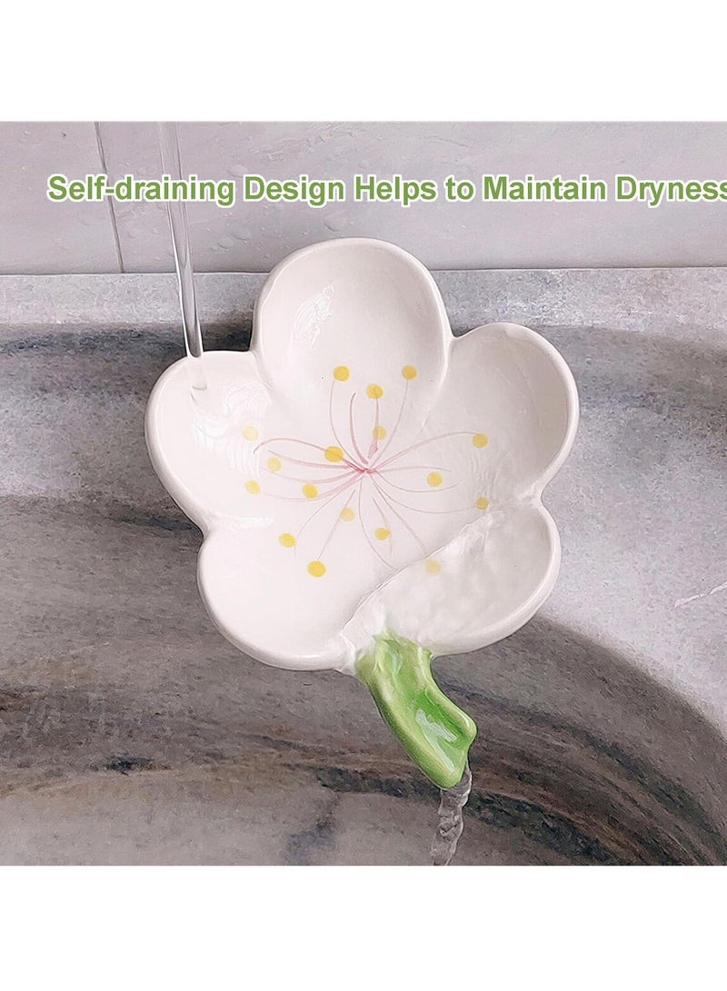 Bathroom Self Draining Soap Dish, Soap Holder, Countertop Ceramic Soap Tray, Flower Shape Shower Soap Container, Cute Soap Dish for Kitchen, Bathroom, Bedroom, Peach Blossom (White) - Image 4