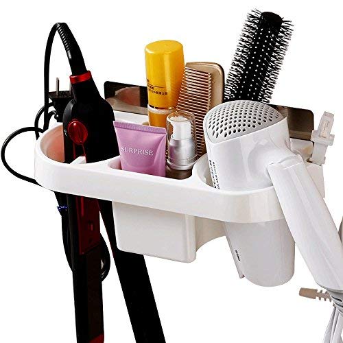 Koyet Adhesive Hair Dryer Holder Wall Mounted No Drilling Plastic Bathroom Blow Drier Storage with Plug Hook Hair Care Tools Organizer Basket with Cups for Curling Flat Straight Hot IronWhite - Image 3
