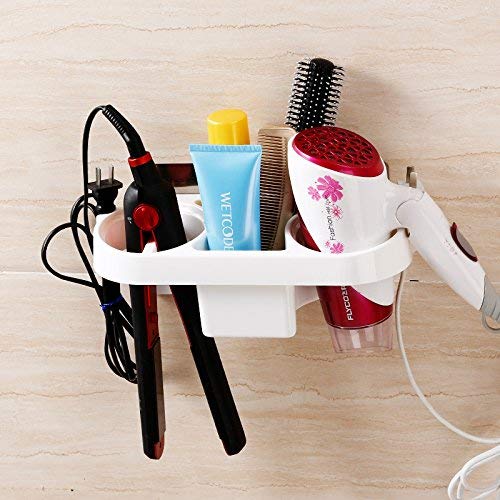 Koyet Adhesive Hair Dryer Holder Wall Mounted No Drilling Plastic Bathroom Blow Drier Storage with Plug Hook Hair Care Tools Organizer Basket with Cups for Curling Flat Straight Hot IronWhite - Image 1