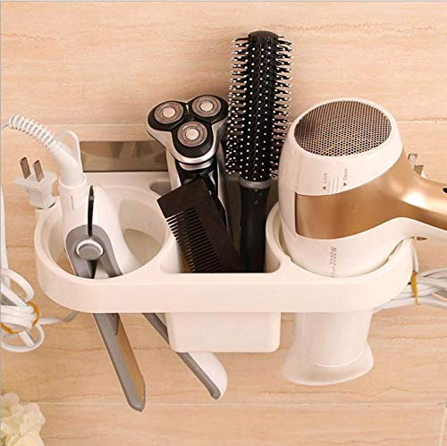 Koyet Adhesive Hair Dryer Holder Wall Mounted No Drilling Plastic Bathroom Blow Drier Storage with Plug Hook Hair Care Tools Organizer Basket with Cups for Curling Flat Straight Hot IronWhite - Image 2