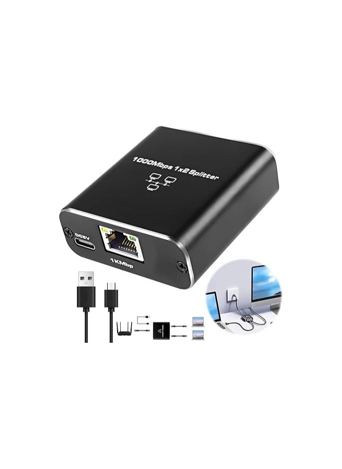 Generic Ethernet Splitter 1 to 2 – 1000Mbps Gigabit Network Switch with Type-C Power Cable, Supports Simultaneous Use for 2 Devices  - Image 1