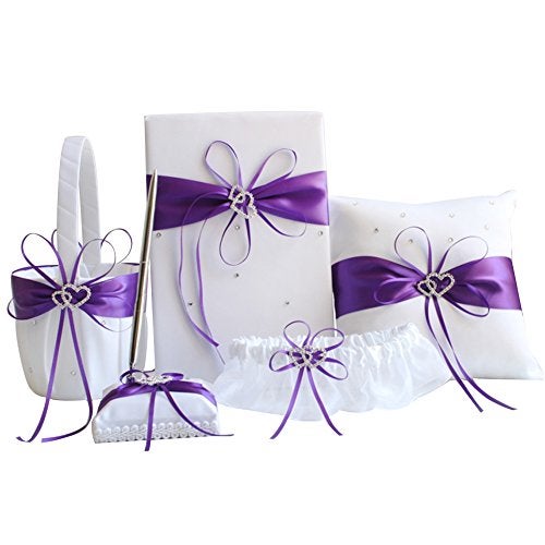 Bodosac Awtlife 5pcs Sets Purple Wedding Flower Girl Basket Guest Book Pen with Ring Pillow and Garter 