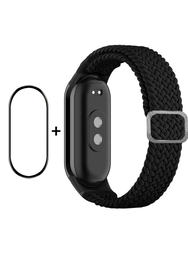 Replacement Strap For Xiaomi Mi Band 8 ENKAY Hat-Prince 2 in 1 Set Full Coverage Screen Protector + Elastic Braided Nylon Watch Band Black
