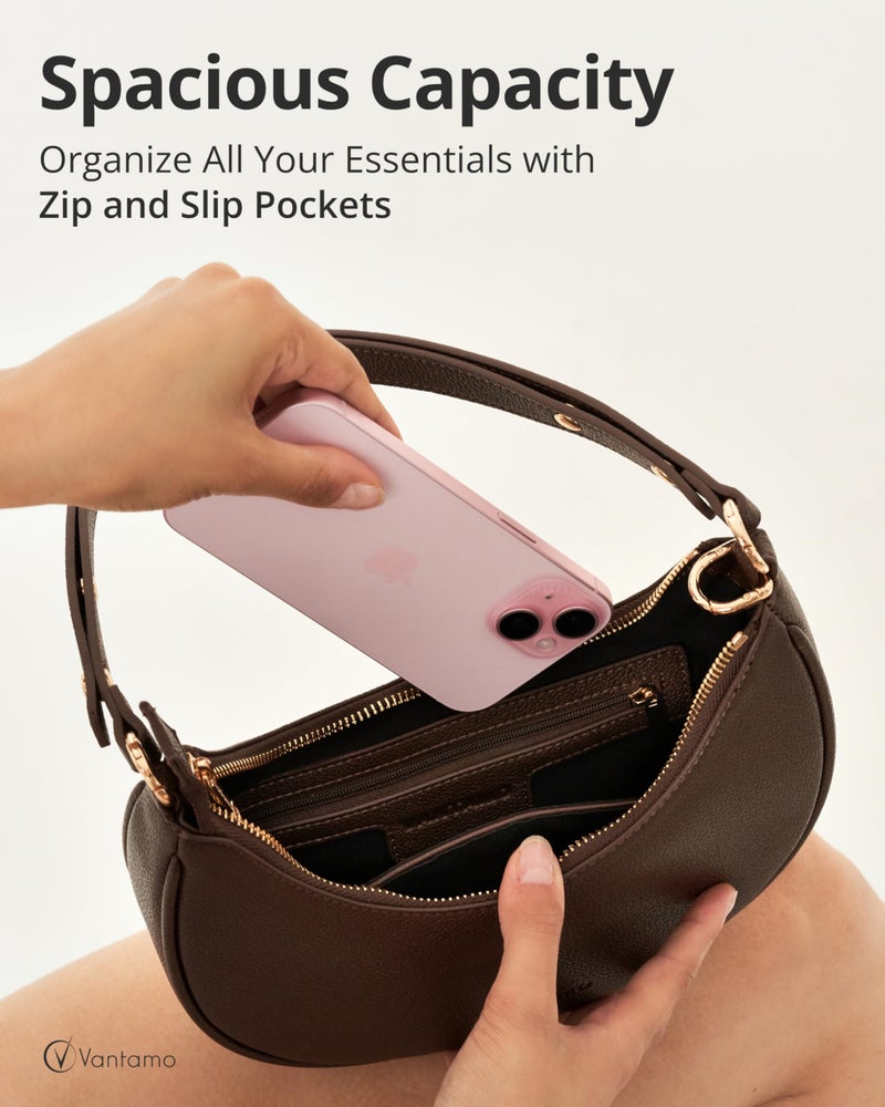 Vantamo Crescent Bags For Women with RFID Protection, Half Moon Clutch Purses for Women with Anti-Theft Clip for Extra Safety, Premium PU Leather Handbags for Work & Going Out, Coffee Brown Purse - Image 4