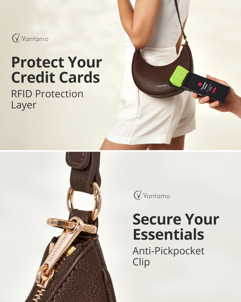 Vantamo Crescent Bags For Women with RFID Protection, Half Moon Clutch Purses for Women with Anti-Theft Clip for Extra Safety, Premium PU Leather Handbags for Work & Going Out, Coffee Brown Purse - Image 5