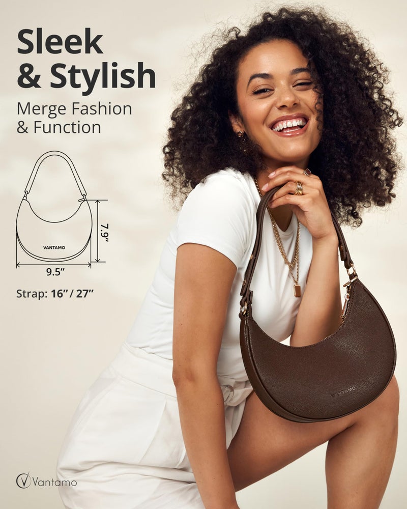 Vantamo Crescent Bags For Women with RFID Protection, Half Moon Clutch Purses for Women with Anti-Theft Clip for Extra Safety, Premium PU Leather Handbags for Work & Going Out, Coffee Brown Purse - Image 2