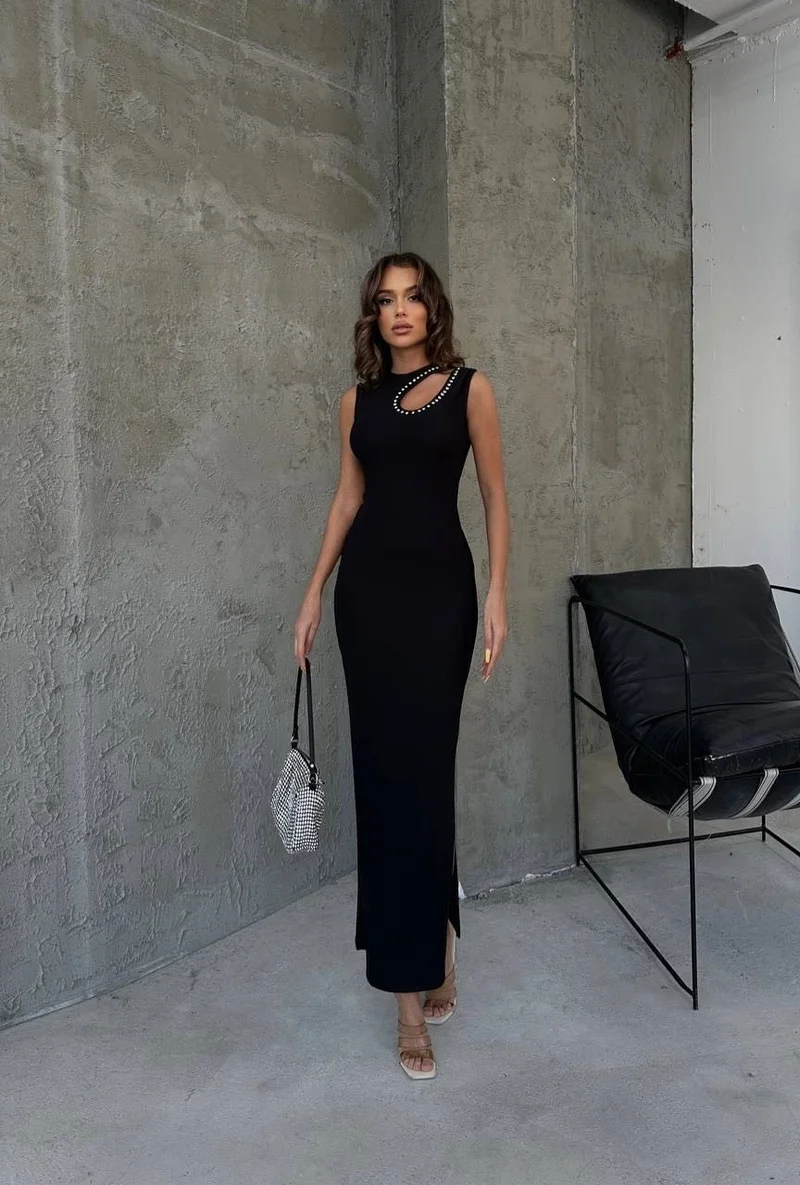 افا Drop Neckline Stone Detailed Long Special Evening Dress