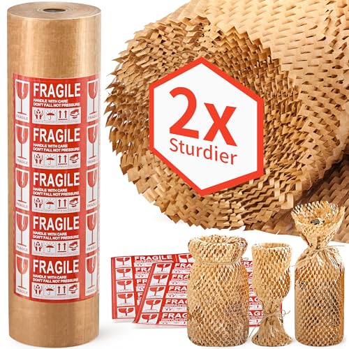 JARLINK Honeycomb Packing Paper, 15"x 213' Bubble Packing Wrap for Packing/Shipping/Moving, Eco-Friendly Bubble Packing Paper Wrapping Roll, Recyclable Moving Supplies With 20 Fragile Sticker Labels - Image 1