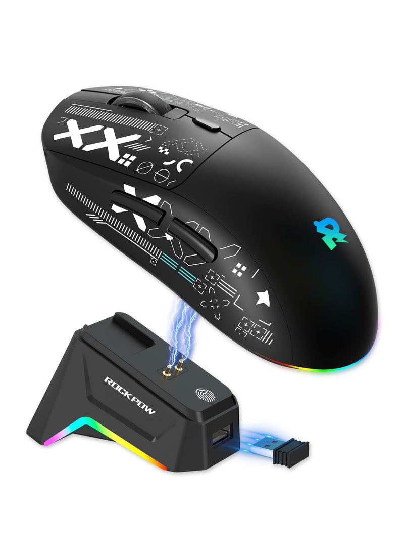 Rock Pow Tri-mode Bluetooth Wireless Gaming Mouse with Magnetic Charging Dock, Lightweight Anti Slip Mouse, High Speed Sensor,12000DPI, 1000Hz, BT/2.4Ghz/Wired Program buttons Ergonomic Design Rechargeable Mice for PC/Mac/Laptop,Black - Image 1