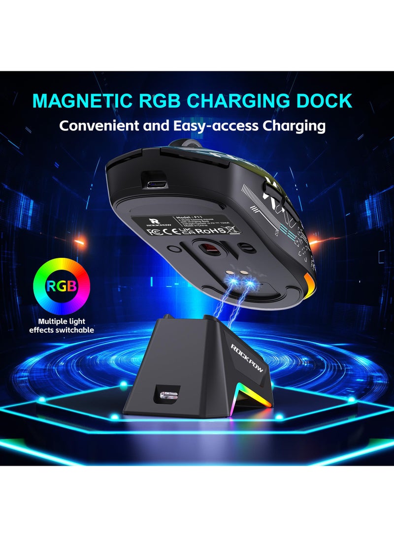 Rock Pow Tri-mode Bluetooth Wireless Gaming Mouse with Magnetic Charging Dock, Lightweight Anti Slip Mouse, High Speed Sensor,12000DPI, 1000Hz, BT/2.4Ghz/Wired Program buttons Ergonomic Design Rechargeable Mice for PC/Mac/Laptop,Black - Image 5