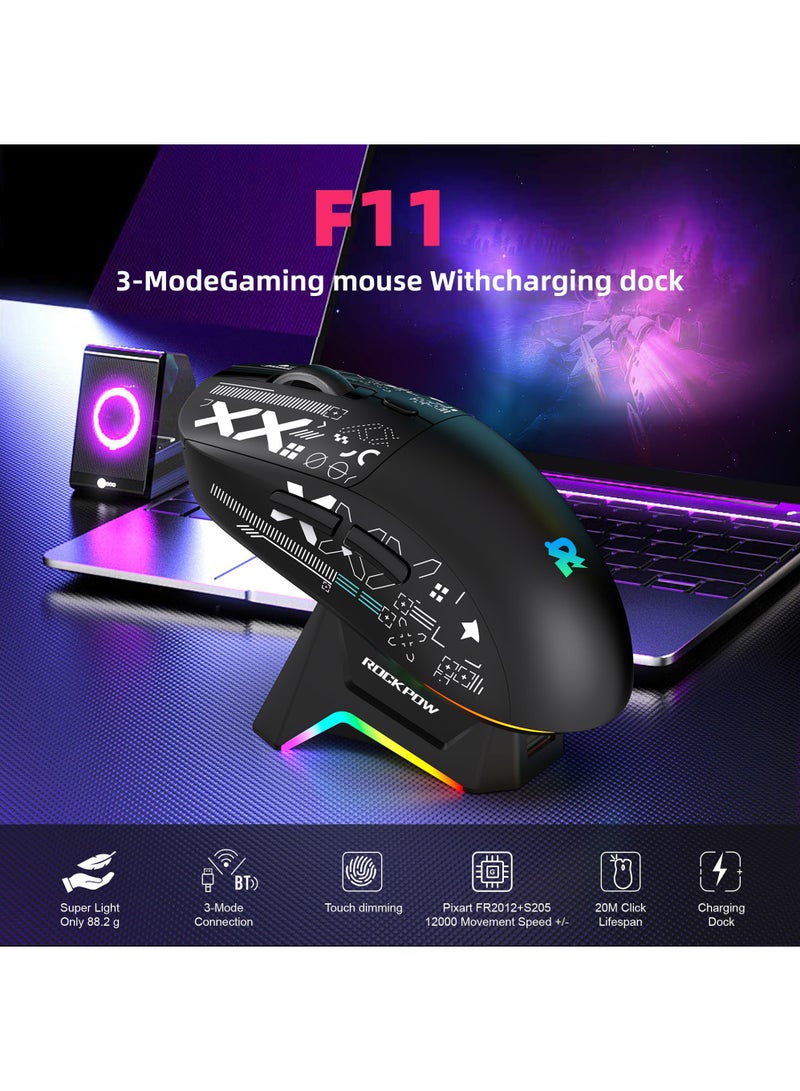 Rock Pow Tri-mode Bluetooth Wireless Gaming Mouse with Magnetic Charging Dock, Lightweight Anti Slip Mouse, High Speed Sensor,12000DPI, 1000Hz, BT/2.4Ghz/Wired Program buttons Ergonomic Design Rechargeable Mice for PC/Mac/Laptop,Black - Image 2