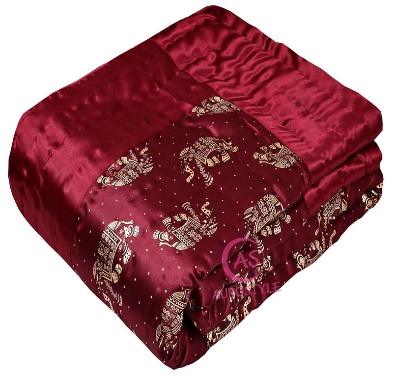 AUROSTYLE Rajasthani Cotton Filled Light Weight Silk Soft Jaipuri AC Razai Dohar Over All Floral Design with Gold Print Quilts for Home 85x55 InchMaroon Elephant Print Single Bed - Image 1