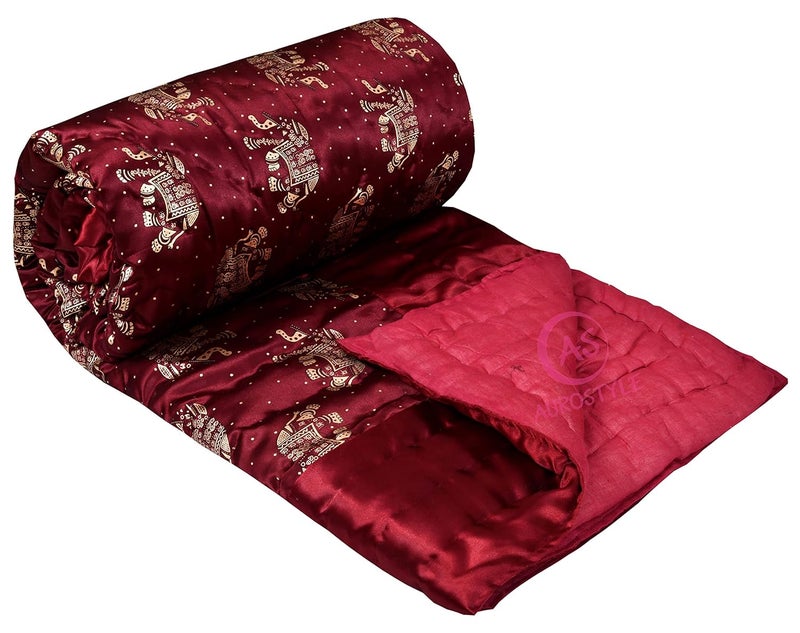 AUROSTYLE Rajasthani Cotton Filled Light Weight Silk Soft Jaipuri AC Razai Dohar Over All Floral Design with Gold Print Quilts for Home 85x55 InchMaroon Elephant Print Single Bed - Image 3