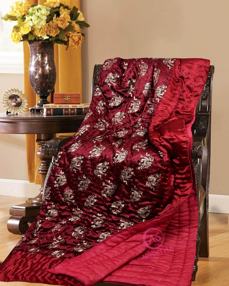 AUROSTYLE Rajasthani Cotton Filled Light Weight Silk Soft Jaipuri AC Razai Dohar Over All Floral Design with Gold Print Quilts for Home 85x55 InchMaroon Elephant Print Single Bed - Image 5