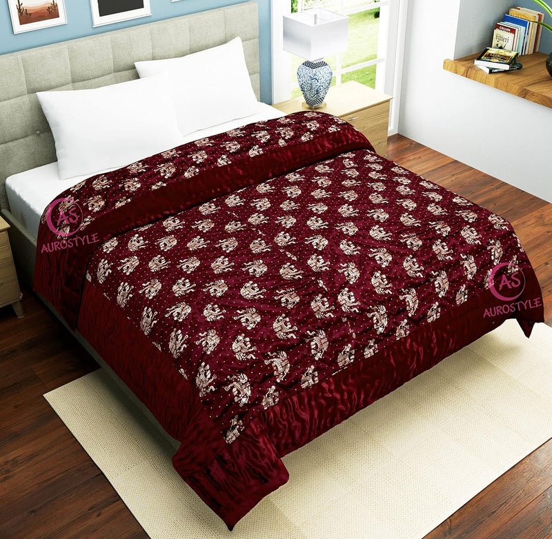 AUROSTYLE Rajasthani Cotton Filled Light Weight Silk Soft Jaipuri AC Razai Dohar Over All Floral Design with Gold Print Quilts for Home 85x55 InchMaroon Elephant Print Single Bed - Image 4