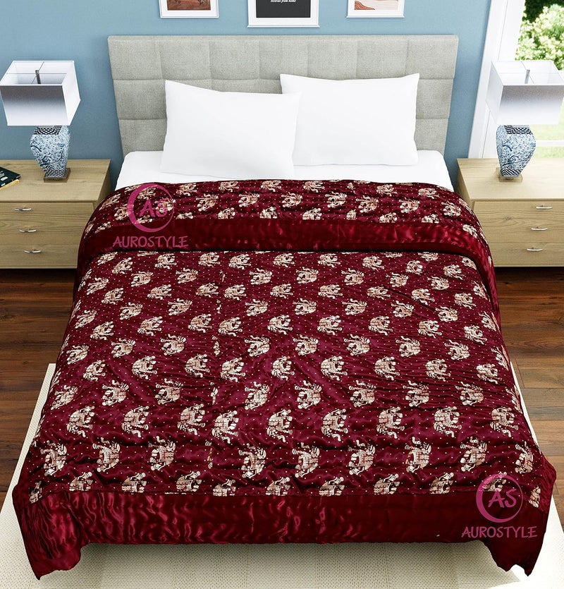 AUROSTYLE Rajasthani Cotton Filled Light Weight Silk Soft Jaipuri AC Razai Dohar Over All Floral Design with Gold Print Quilts for Home 85x55 InchMaroon Elephant Print Single Bed - Image 2