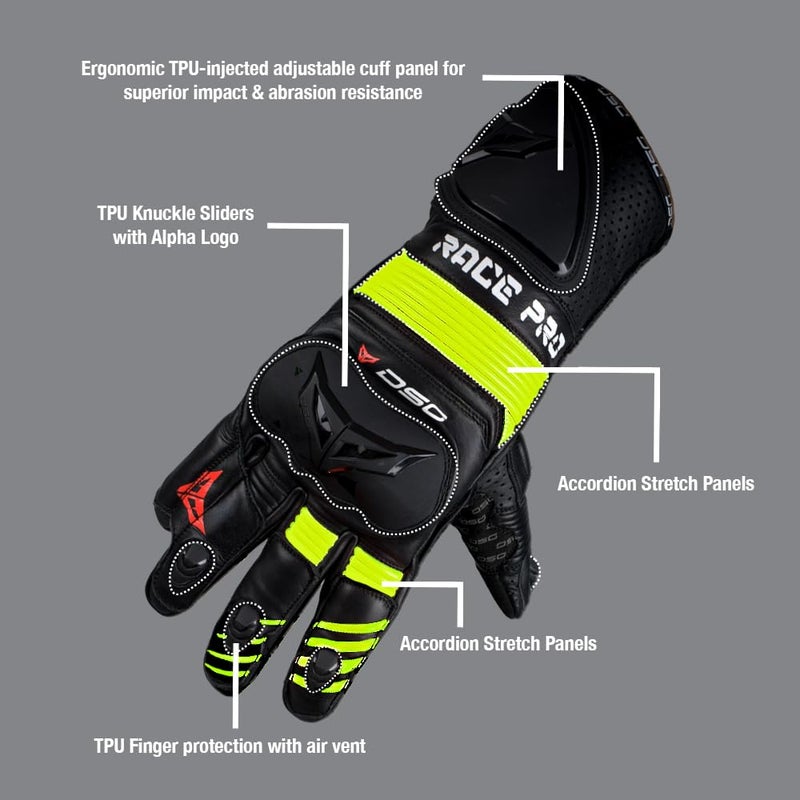 DSG Race Pro Sport Riding Gloves : Yellow Fluo (Size-2XLarge) - Image 3