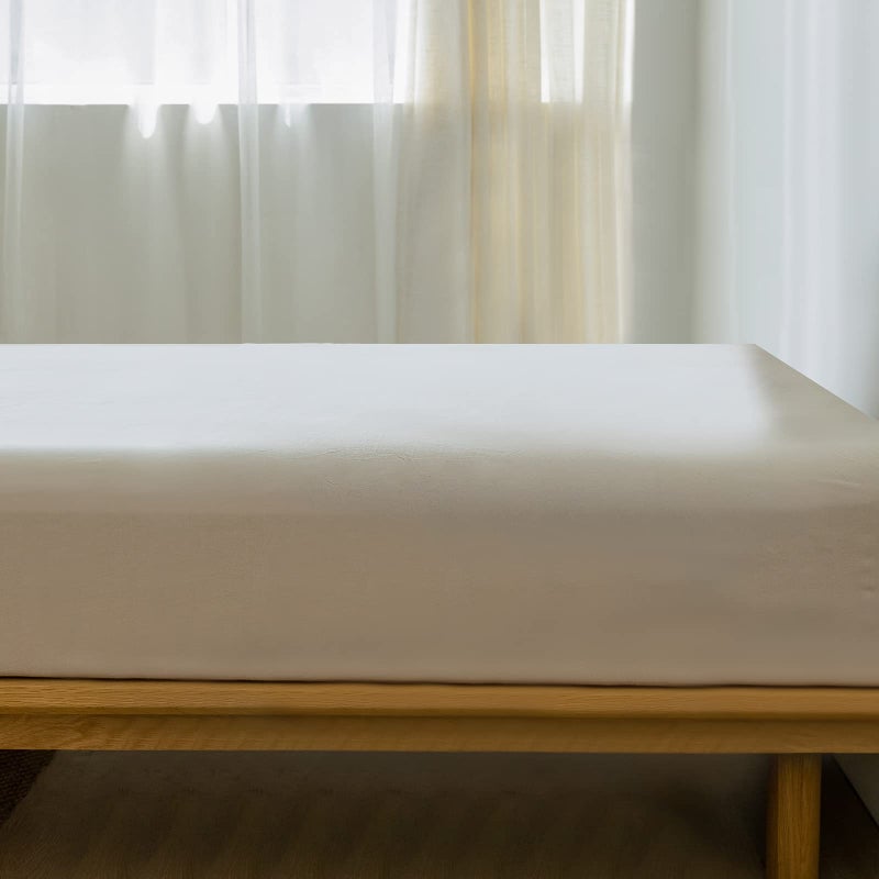 MooMee Fitted Bottom Sheet Only 100% Washed Cotton Linen Like Textured Breathable Durable Soft Comfy Deep Pocket Fits Mattress up to 17"" (Cream Grey  Twin) - Image 2