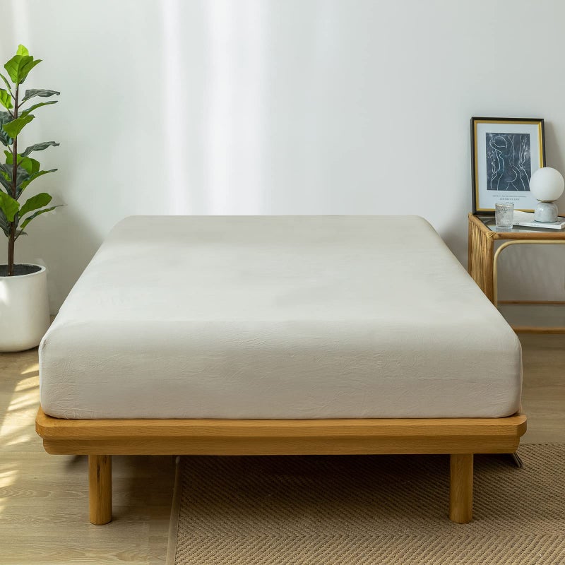 MooMee Fitted Bottom Sheet Only 100% Washed Cotton Linen Like Textured Breathable Durable Soft Comfy Deep Pocket Fits Mattress up to 17"" (Cream Grey  Twin) - Image 3