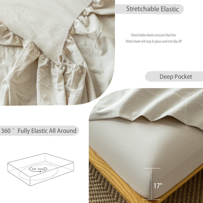 MooMee Fitted Bottom Sheet Only 100% Washed Cotton Linen Like Textured Breathable Durable Soft Comfy Deep Pocket Fits Mattress up to 17"" (Cream Grey  Twin) - Image 4