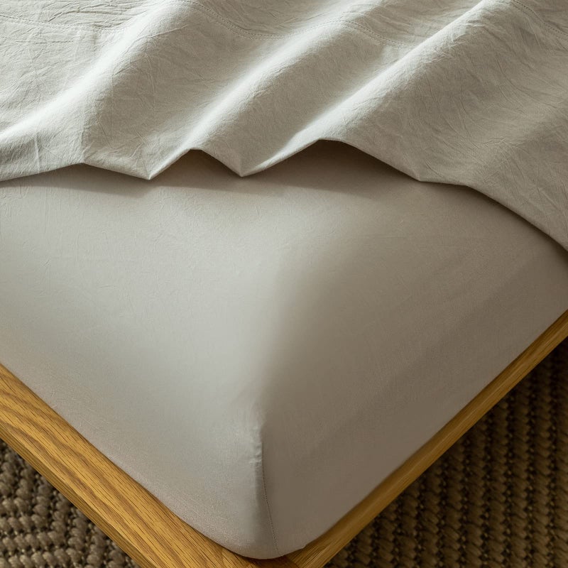 MooMee Fitted Bottom Sheet Only 100% Washed Cotton Linen Like Textured Breathable Durable Soft Comfy Deep Pocket Fits Mattress up to 17"" (Cream Grey  Twin) - Image 1