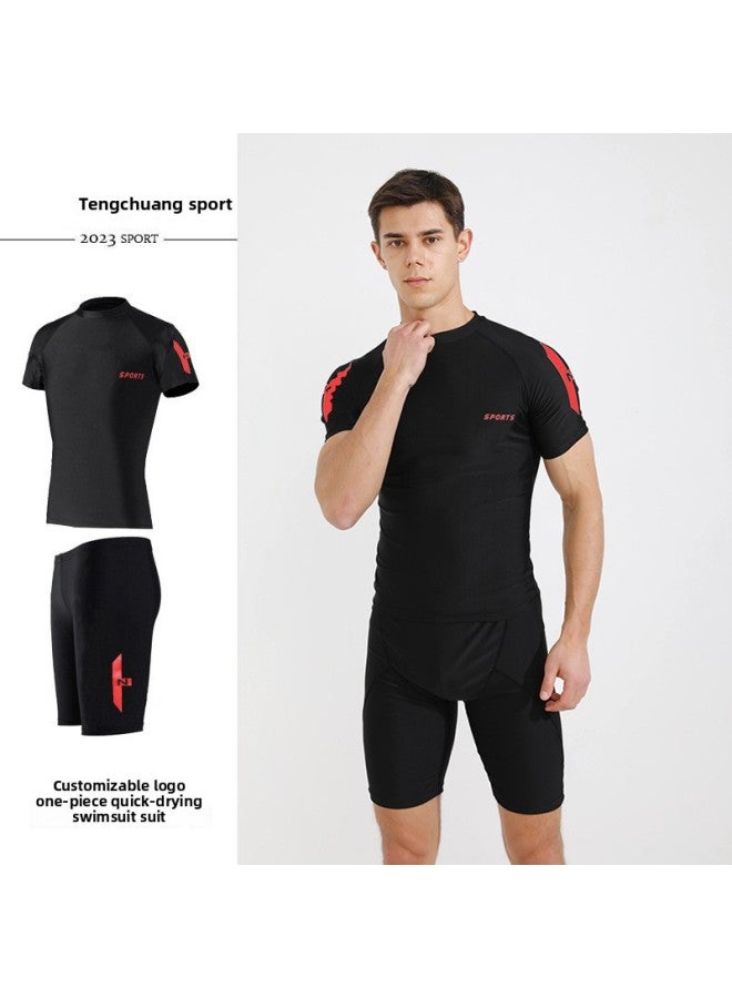 إسكدنيا ملابس سباحة رجالية مقسمة مكونة من قطعتين بدلة سباحة رجالية واقية من الشمس بأكمام قصيرة لركوب الأمواج مقاس كبير شورت سباحة للشاطئ للرجال - اللون: أحمر قياسي + سروال سباحة - - Image 1