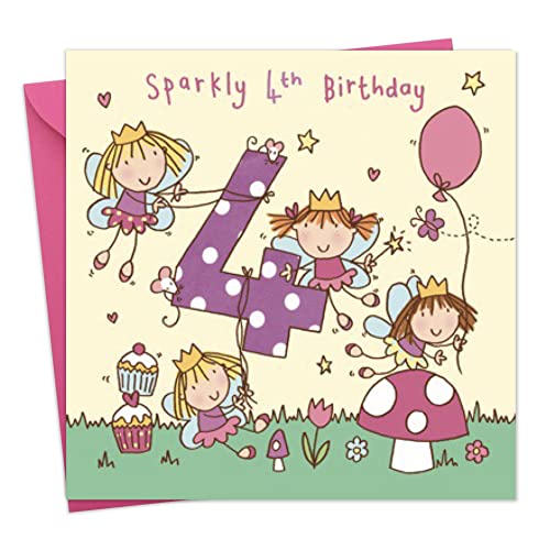 TWIZLER Fairy Princess 4th Birthday Card, 6.1 x 6.1 in, Sparkly Theme, Envelope Included - Image 1