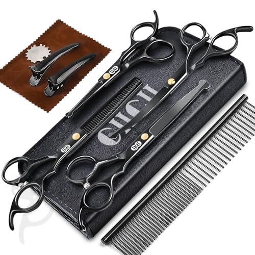 CIICII Dog Grooming Scissors Kit, 10-In-1 Professional Pet Grooming Scissors Set with Safety Round Tip (Dogs/Cat Hair Cutting Trimming Thinning Shears with Curved Scissors) for DIY Home Salon (Black) - Image 1