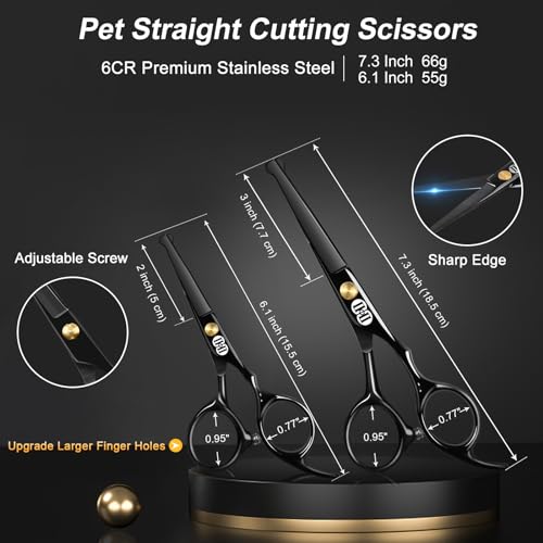 CIICII Dog Grooming Scissors Kit, 10-In-1 Professional Pet Grooming Scissors Set with Safety Round Tip (Dogs/Cat Hair Cutting Trimming Thinning Shears with Curved Scissors) for DIY Home Salon (Black) - Image 2