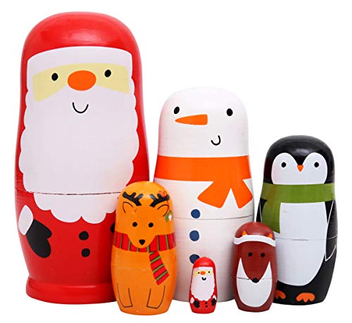 Debbieicy 6Pcs Beautiful Handmade Wooden Russian Nesting Dolls Santa Claus Matryoshka Dolls Gift for Christmas and Birthday Stacking Doll Set of 6 from 6 Tall Santa 6 - Image 1