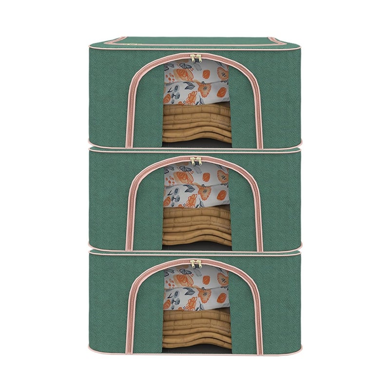Kuber Industries Pack of 3 Foldable 66 Liter Cloth Organizer for Storage with Steel Frame Zip Handles See Through Saree Organiser for Wardrobe Seasonal Home Items LJ1GRN Green - Image 1