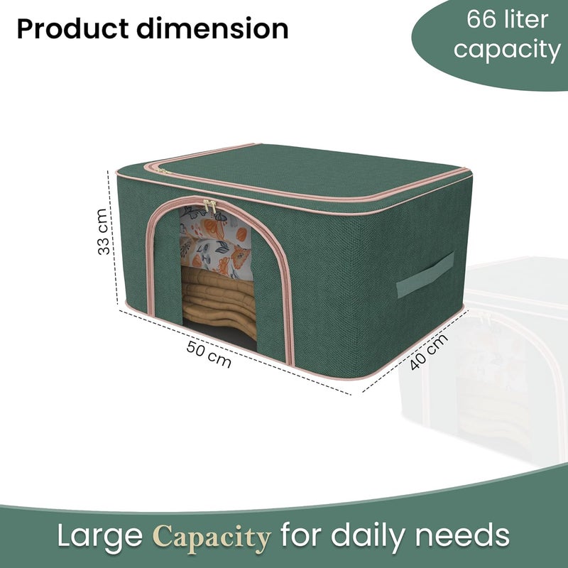 Kuber Industries Pack of 3 Foldable 66 Liter Cloth Organizer for Storage with Steel Frame Zip Handles See Through Saree Organiser for Wardrobe Seasonal Home Items LJ1GRN Green - Image 3