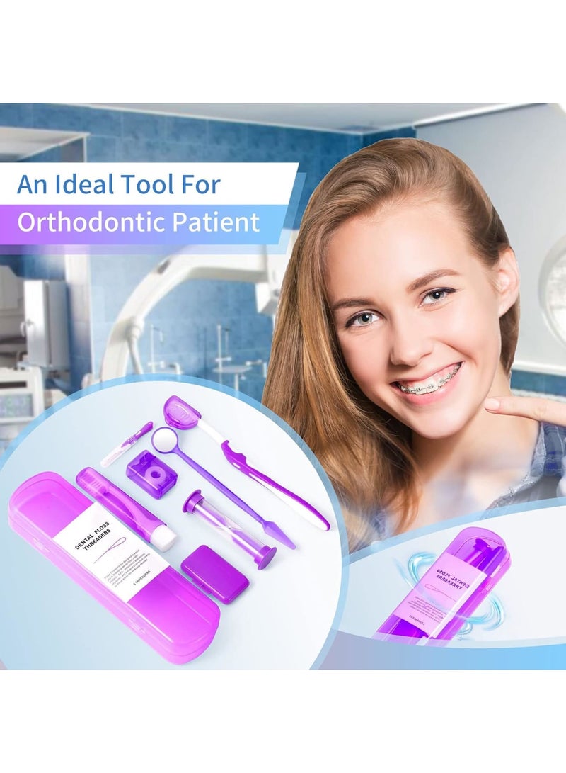 SYOSI Braces Cleaning Kit, 8 Pack Orthodontic Care Kit Orthodontic Toothbrush Travel Toothbrush Brush Ortho Wax Floss, Oral Mirror Dental Floss Threaders, Hourglass Timer Included (Purple)  - Image 2