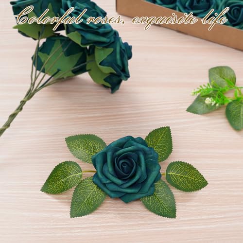 BLEUM CADE 16Pcs Artificial Flowers Fake Roses with Stems Army Green Boxed Foam Roses for DIY Bouquets Centerpieces Wedding Party Arrangement Bridal Shower Decor - Image 3