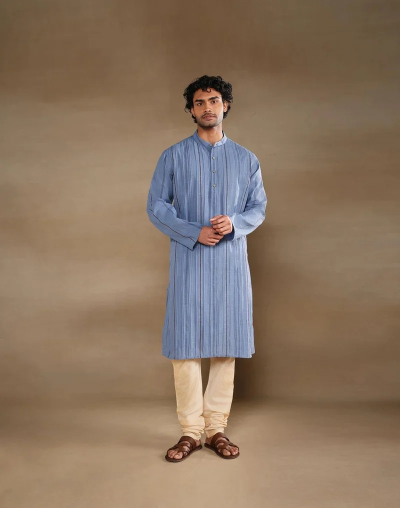 فاب انديا Blue Cotton Blend Stripe Long Kurta