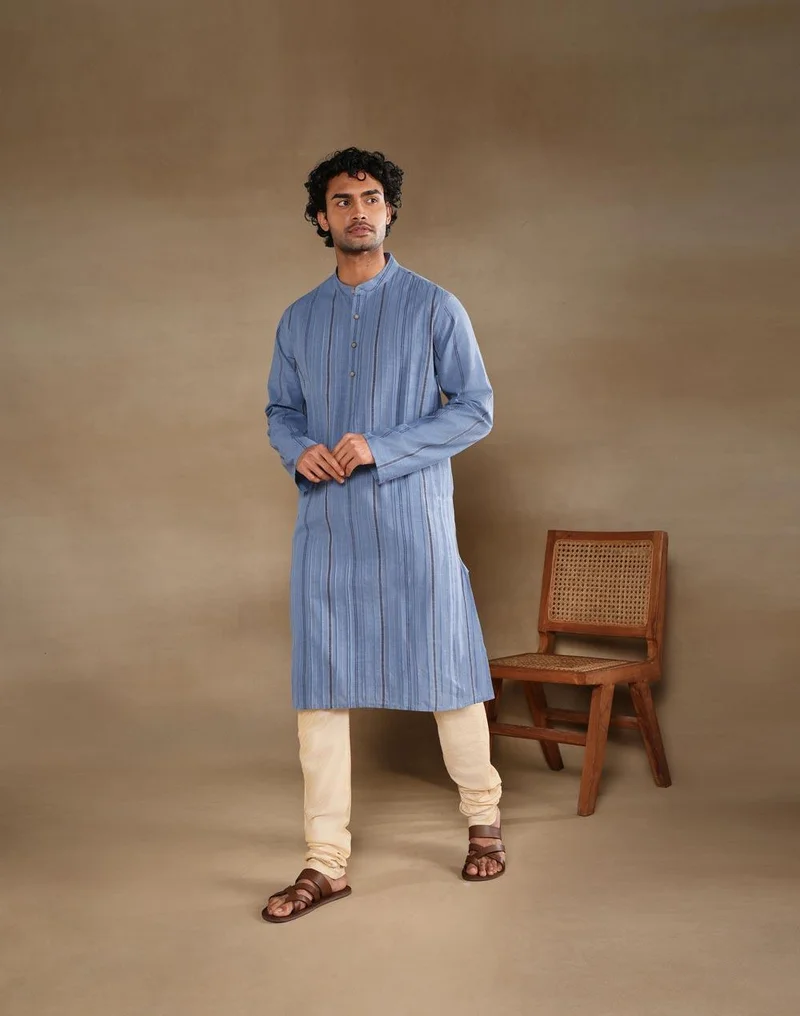 فاب انديا Blue Cotton Blend Stripe Long Kurta