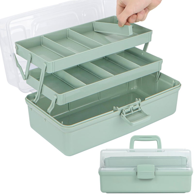 TERGOO 12.5in 3-Layer Multipurpose Craft Organizers and Storage with Adjustable Dividers, Portable Tackle Box, Folding Art & Craft Case for Medicine, Tool, Sewing Organizer (Haze Green) - Image 1