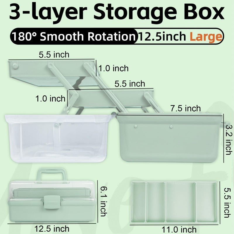 TERGOO 12.5in 3-Layer Multipurpose Craft Organizers and Storage with Adjustable Dividers, Portable Tackle Box, Folding Art & Craft Case for Medicine, Tool, Sewing Organizer (Haze Green) - Image 2