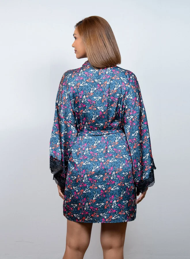Aadaraya Aadaraya Floral Print Sateen Chemise with Lace Detail