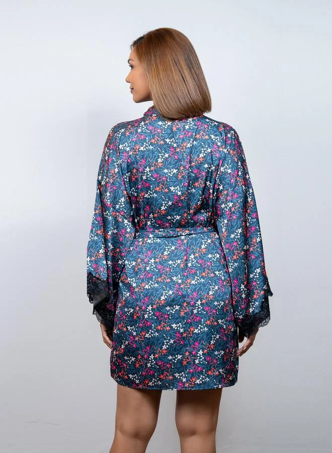 Aadaraya Aadaraya Floral Print Sateen Chemise with Lace Detail
